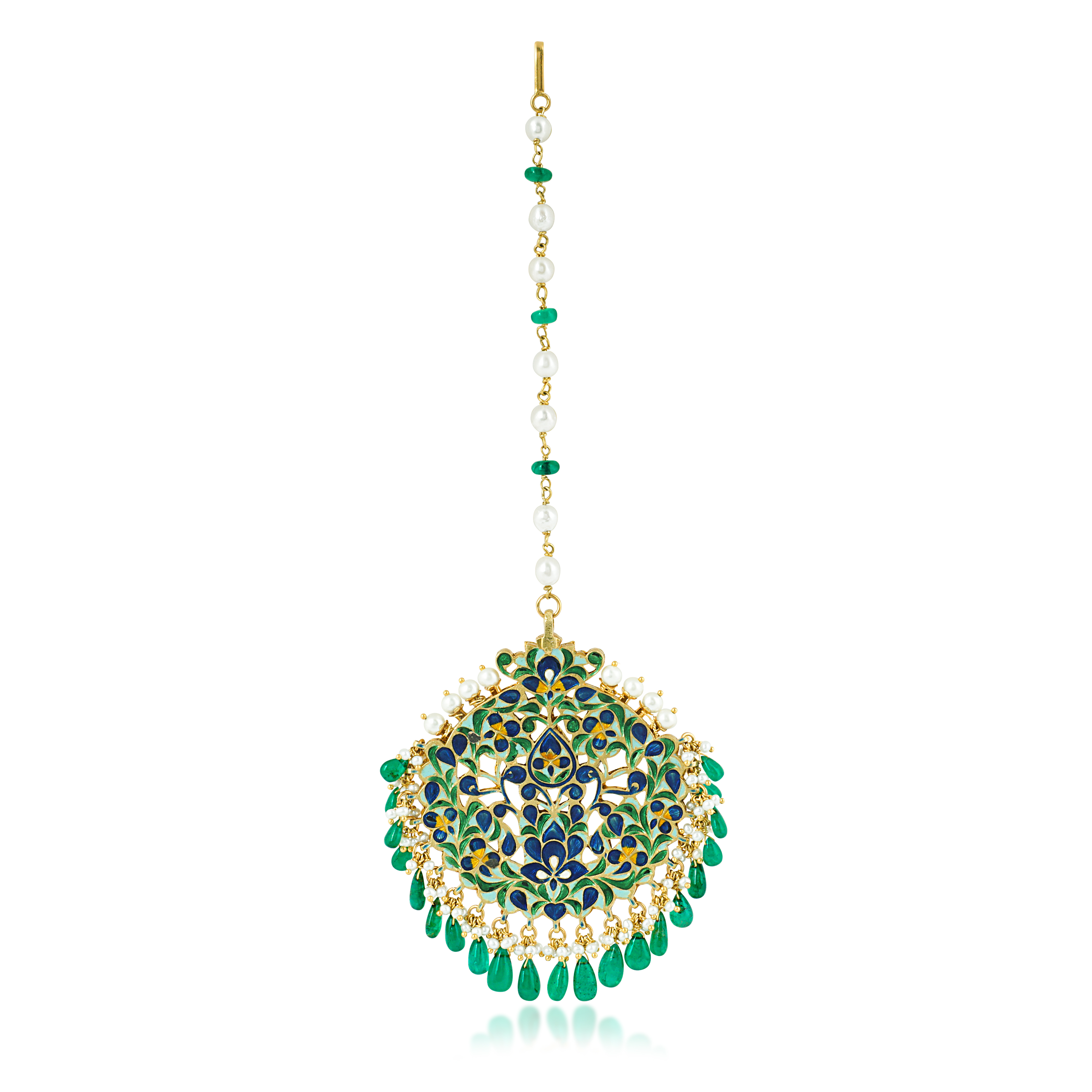 Polki Gold Tikka with Emerald Drops and Pearls